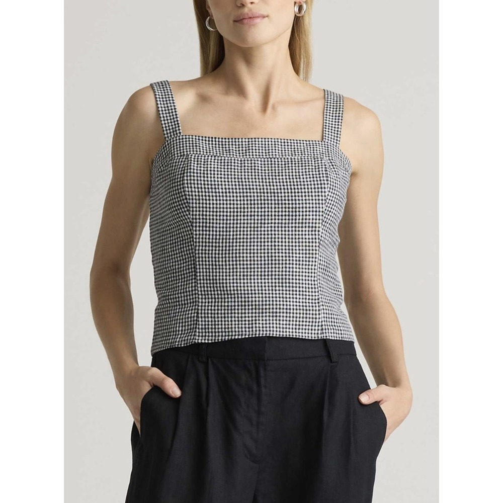 NWT Quince 100% European Linen Fitted Tank Classic Mini Gingham Women's Size XL - Picture 1 of 13